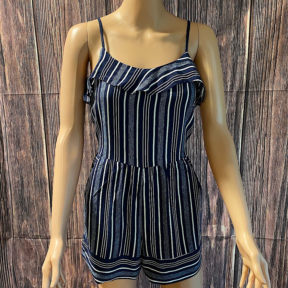 LOFT size 0 navy blue & white vertical stripped flowy ruffle summer romper